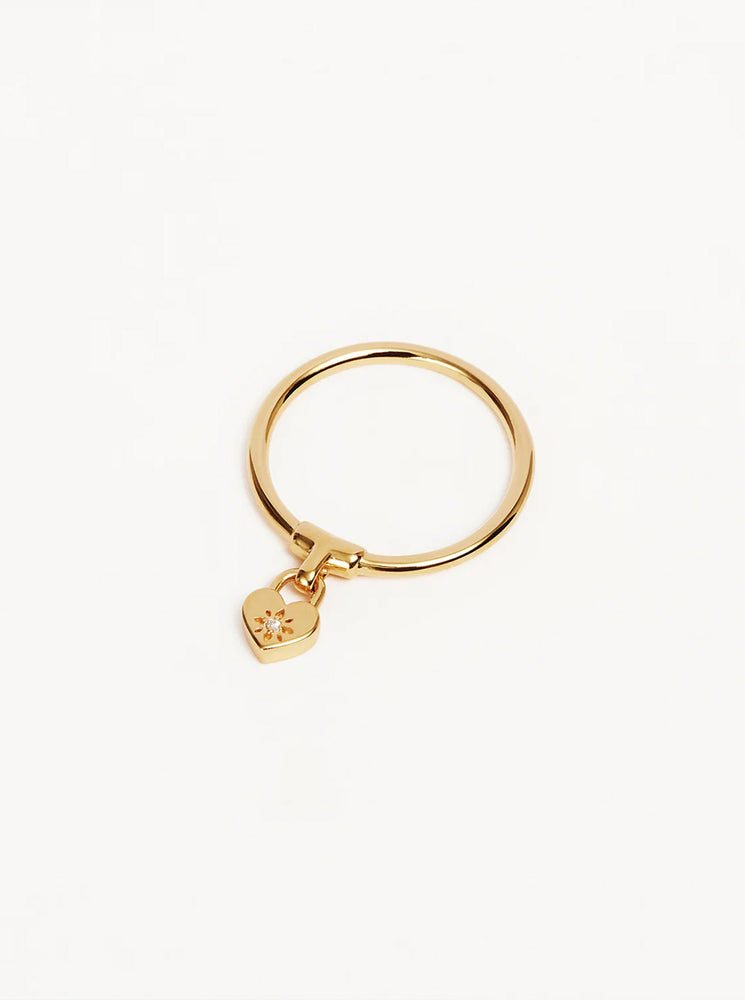 18k Gold Vermeil Crystal Lotus Heart Padlock Ring