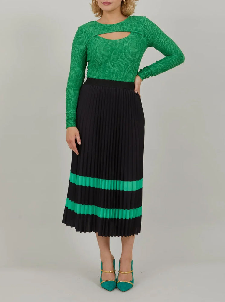 Pleated Skirt With Stripes - Black/Green Stripe