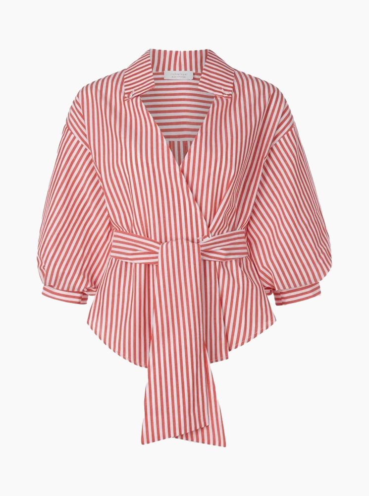 Striped Blouse with Puffed Sleeves - Cherry Tomato