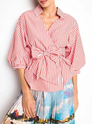 Striped Blouse with Puffed Sleeves - Cherry Tomato