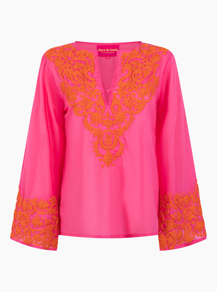 Embroidered Bell Sleeve Top - Dark Pink