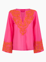 Embroidered Bell Sleeve Top - Dark Pink