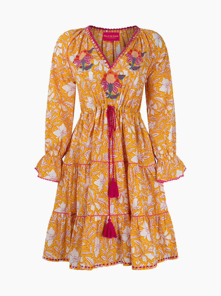 Paisley Emboidered Peasant Dress - Yellow