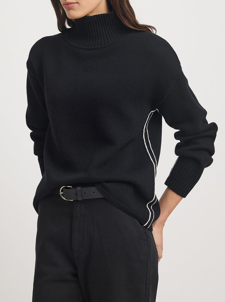 Funnel Neck Jumper - Black + White Stripe