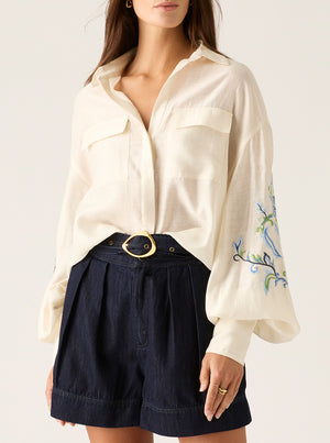 Marcela Embroidery Blouse - Ivory Blue Embroidery