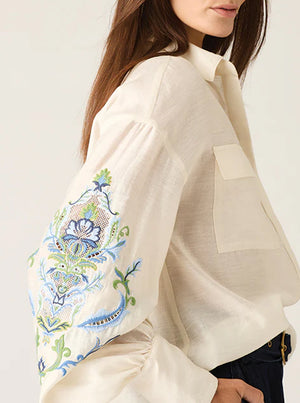 Marcela Embroidery Blouse - Ivory Blue Embroidery