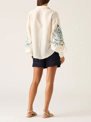 Marcela Embroidery Blouse - Ivory Blue Embroidery