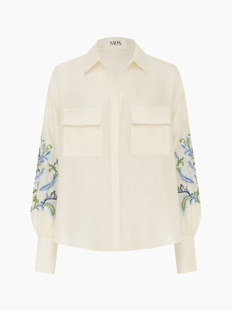 Marcela Embroidery Blouse - Ivory Blue Embroidery