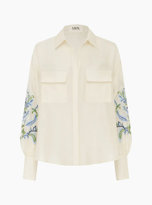 Marcela Embroidery Blouse - Ivory Blue Embroidery