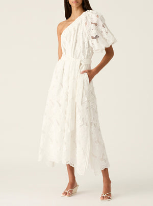 Luna Embroidery One Shoulder Dress - White