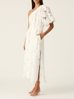 Luna Embroidery One Shoulder Dress - White