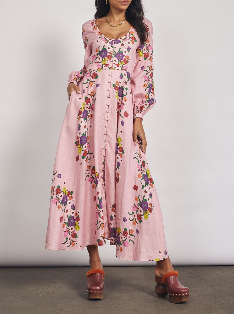 Jewel Floral Midi Dress - Rose