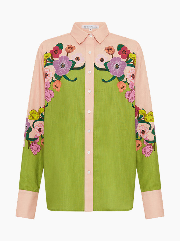 Jewel Floral Long Sleeve Shirt - Chartreuse