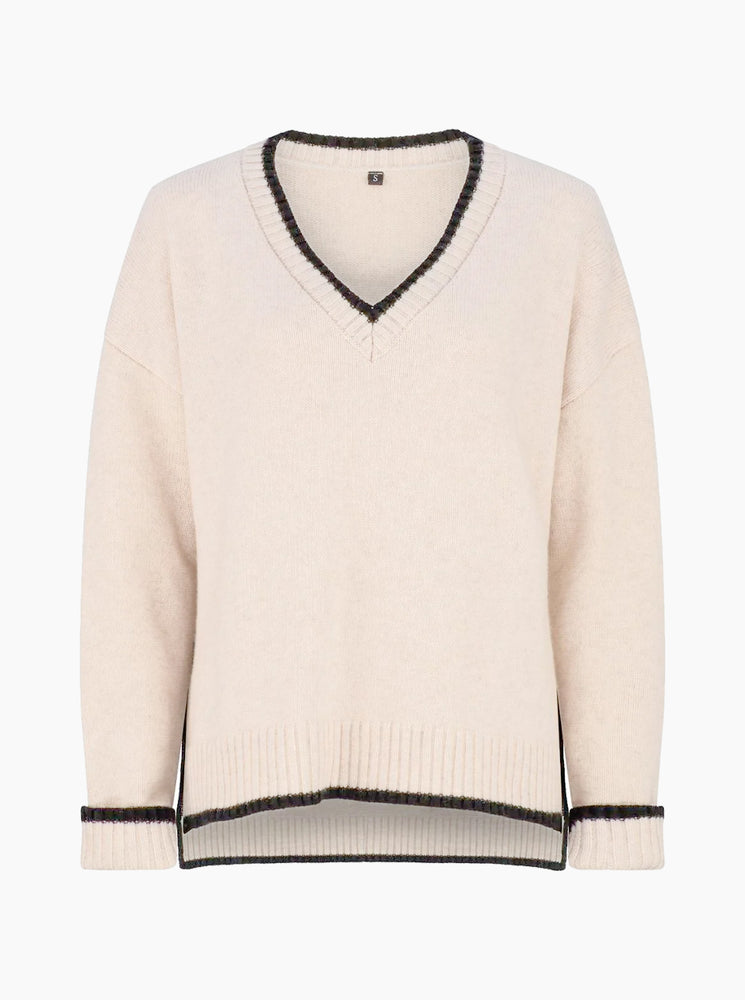 Cashmere Blend V-Neck Jumper - Alabaster/Black