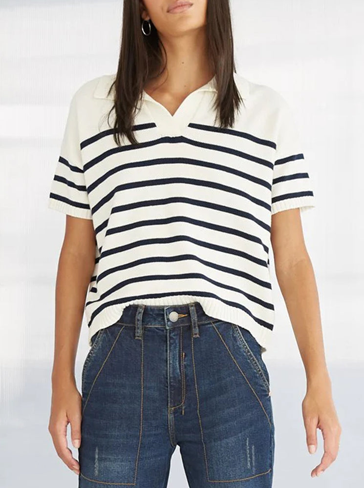 Darra Cotton Polo Sweater - Navy & Cream Stripe