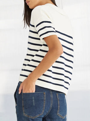 Darra Cotton Polo Sweater - Navy & Cream Stripe