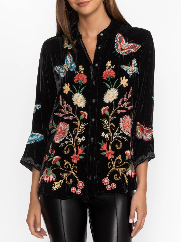 Velvet Kimono Sleeve Shirt - Black