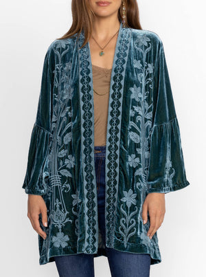 Velvet Ruffle Sleeve Kimono - Peacock