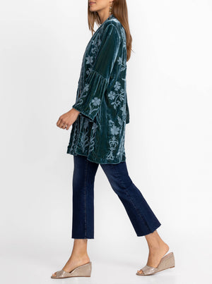 Velvet Ruffle Sleeve Kimono - Peacock