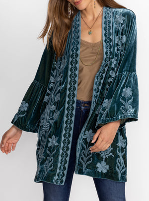 Velvet Ruffle Sleeve Kimono - Peacock