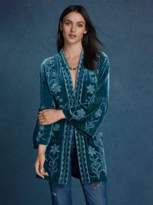 Velvet Ruffle Sleeve Kimono - Peacock