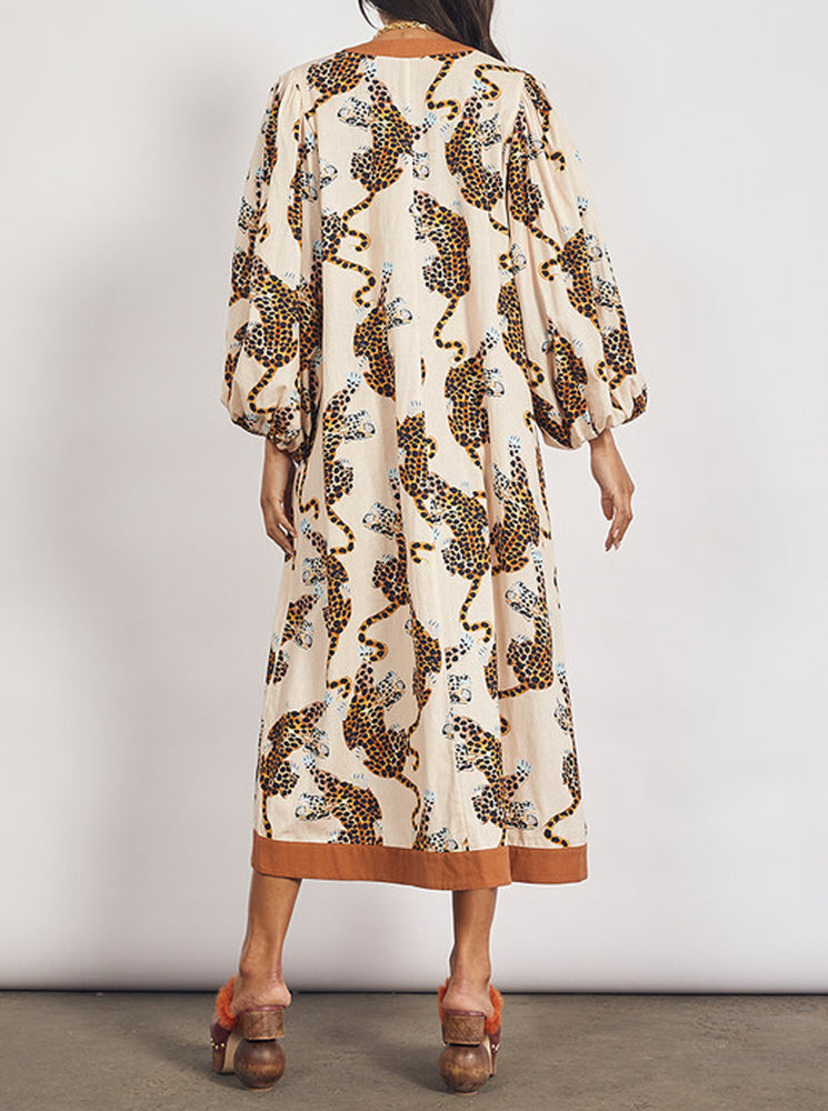 Lottie Leopard Kaftan Midi Dress - Ecru