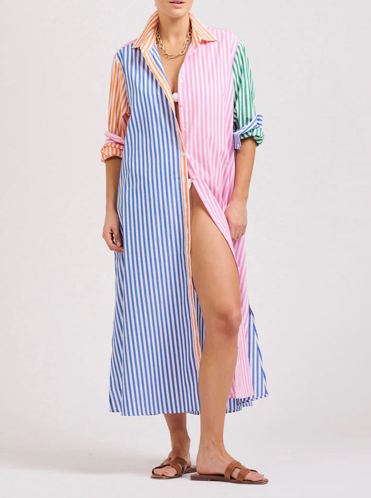 The Luna Oversized Long Shirtdress - Bright Stripe Combo