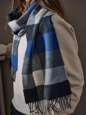 Navy & Grey Check Merino Scarf