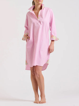 The Popover Shirt Dress - Pink Stripe/Floral Trim