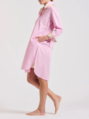 The Popover Shirt Dress - Pink Stripe/Floral Trim