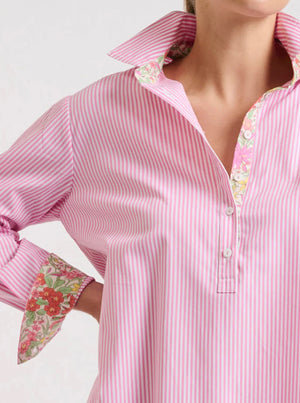 The Popover Shirt Dress - Pink Stripe/Floral Trim