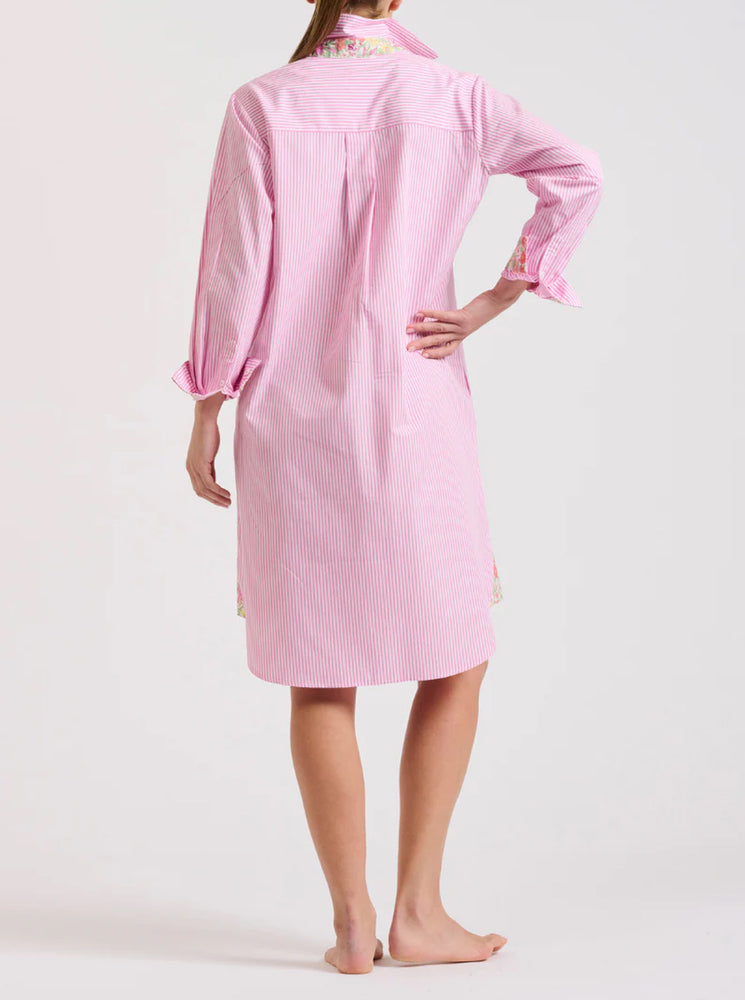 The Popover Shirt Dress - Pink Stripe/Floral Trim