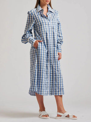 The Octavia Longline Shirtdress - Pale Blue Gingham