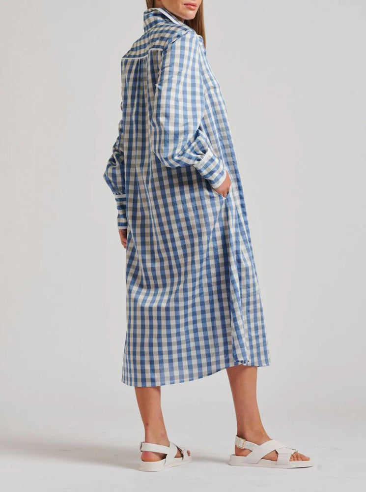 The Octavia Longline Shirtdress - Pale Blue Gingham