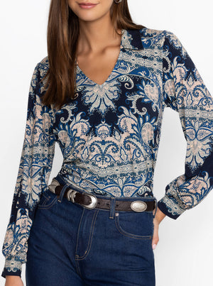 The Janie Favorite Puff Sleeve Polo - Roman Paisley Scarf Print