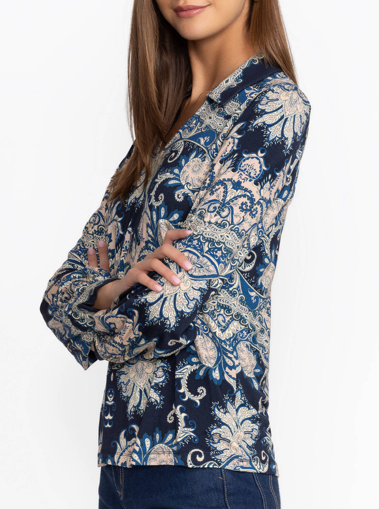 The Janie Favorite Puff Sleeve Polo - Roman Paisley Scarf Print