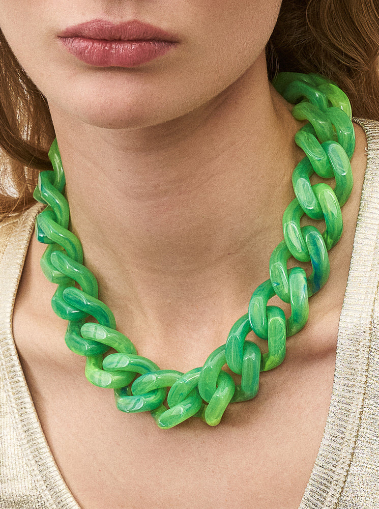 Flat Chain Necklace - Neon Green Marble